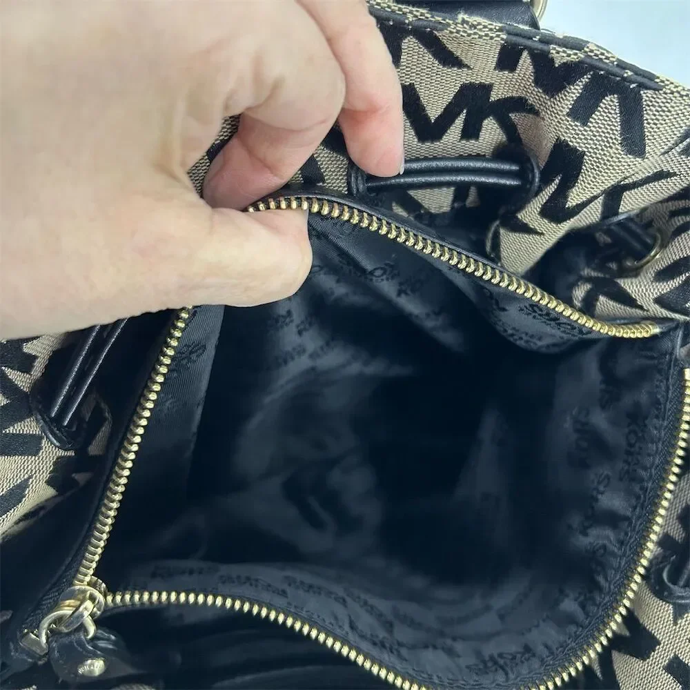 Vintage Michael Kors Monogram Tote Bag Black Beige Women's Shoulder - Picture 7 of 14